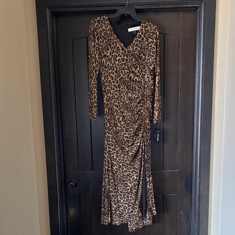 Taylor Leopard Print Ruched V-Neck Maxi Dress - Taupe & Black